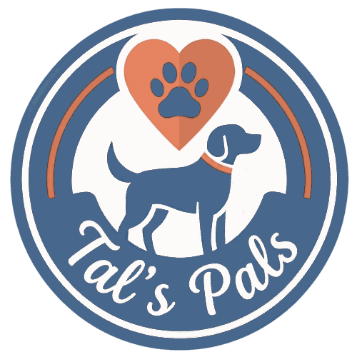 Tal's Pals logo, cartoon dog with heart and paw print.
