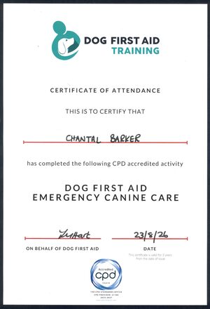 Dog First Aid Training certificate of attendance awarded to Chantal Barker for CPD accredited Dog First Aid: Emergency Canine Care, dated 23 August 2026.